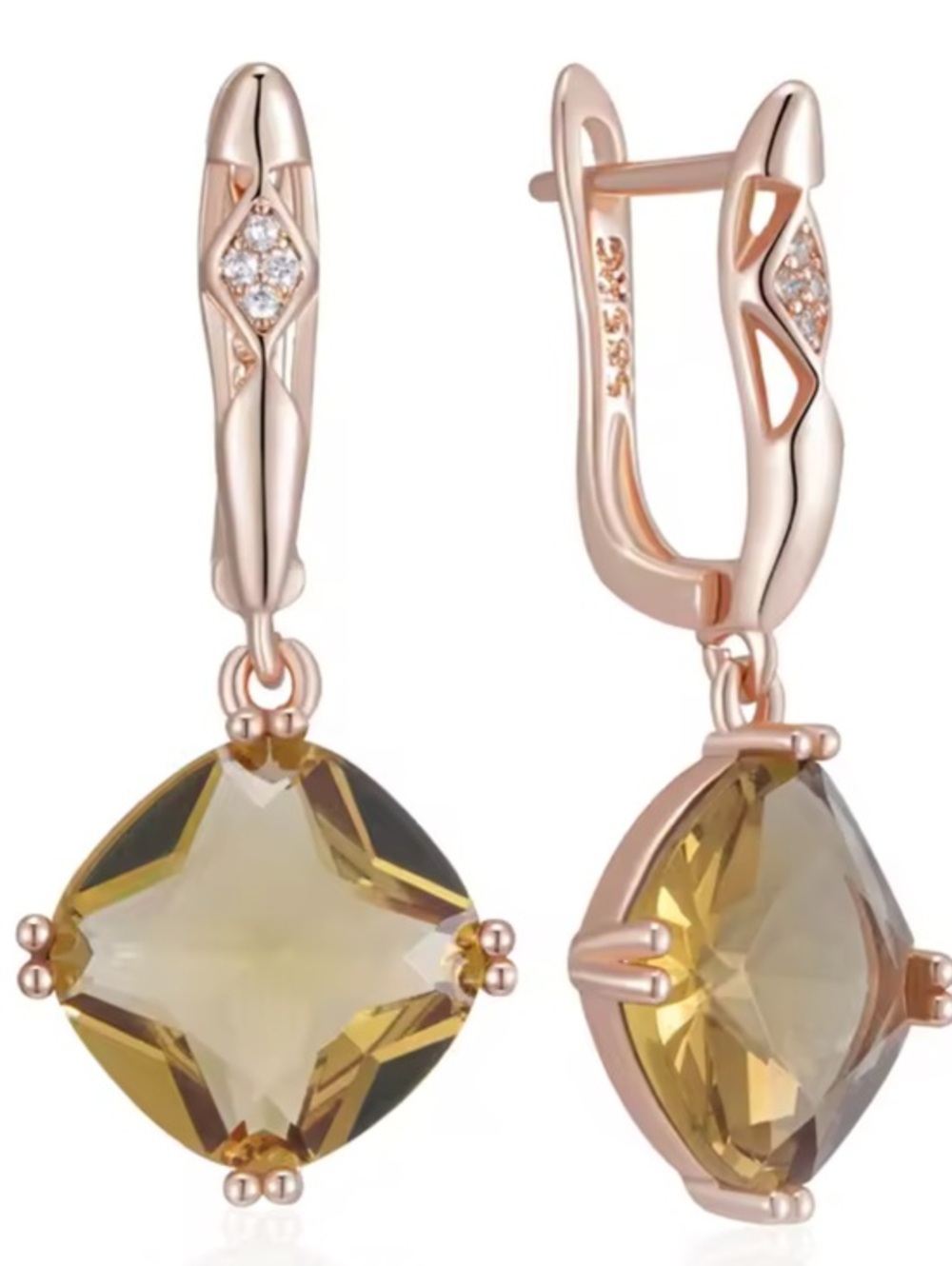 New Smokey Quartz and Rose Gold Earrings, Stamped